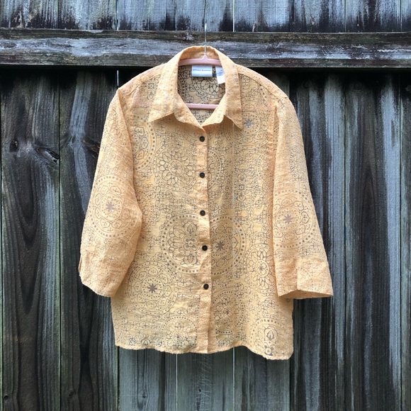 Alfred Dunner Tops - Vintage Sheer Burnout Button Down Top Goldenrod 3/4 Sleeve Moroccan Design